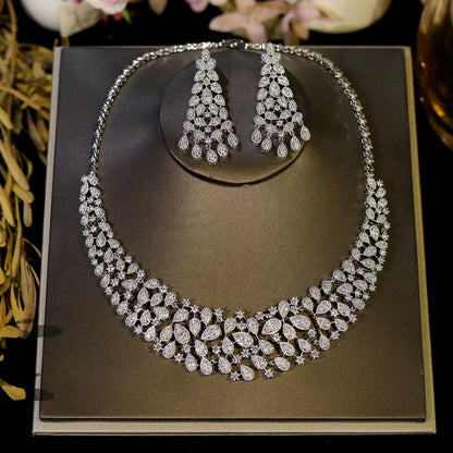 Gorgeous CZ Crystal Zirconia Luxury Silver Color Necklace Europe Bridal Wedding Party Dubai Jewelry Set for Women 2024