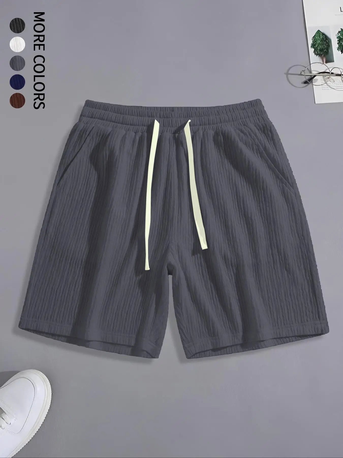 Men's Regular Style Pleated Plain Casual Shorts with Drawstrings and Pockets, Summer Drapedy Breathable Ice-Feel Straight Shorts, Couple Style, Suitable for Home Leisure, Date, Daily Matching, Running, Multi-Scenario Wear