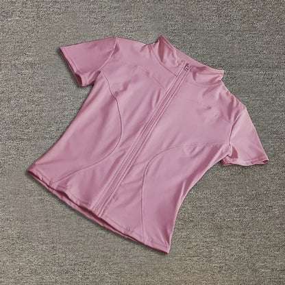 Summer High Quality Waist Slimming Training Tops Women's Quick-drying Tight Stand Collar Full Zipper Short Sleeves Yoga shirts