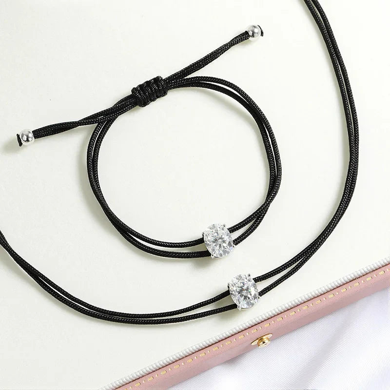 3CT Oval Cut Moissanite Braided Cord Bracelets for Women Men Adjustable Sliding-Knot Dainty Pure S925 Silver Chain D VVS1
