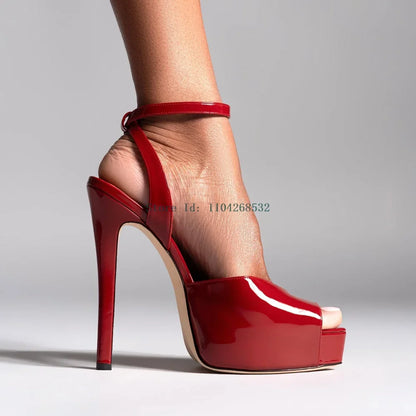 Red Patent Leather Platform High Heels  Stiletto Ankle Buckle Strap Solid New Arrivals Fashion Slingback Buckle Strap Shoes