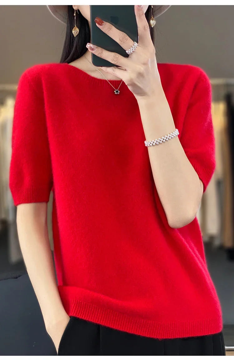 100% pure wool T-shirt spring and summer new women's O-neck pullover short sleeve loose five-sleeve sweater high-end top