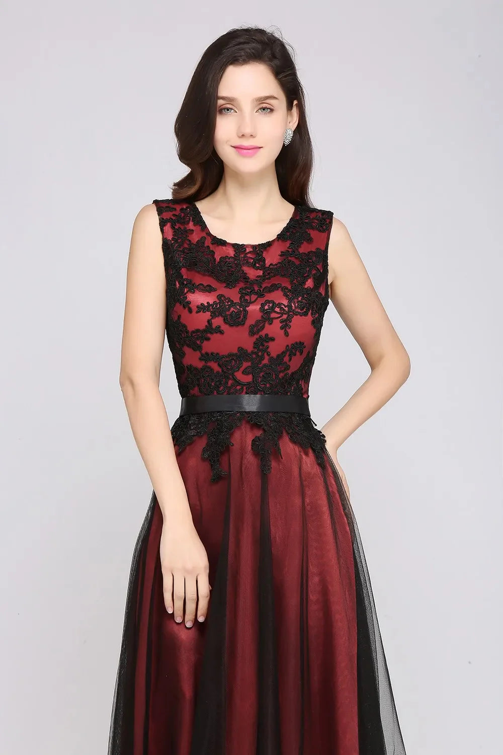 Elegant Black Lace Red Evening Dresses Long Appliques Chiffon With Sashes Pink Green Burgundy Formal Prom Gown Vestido de Fiesta