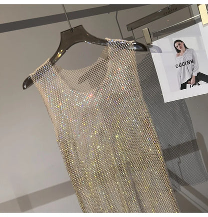 Women&Men Crystal  Rhinestones Shiny Sexy Y2K Tank Tops High Quality Party Club Sexy See Through Mesh Hollow Out Diamond shirt