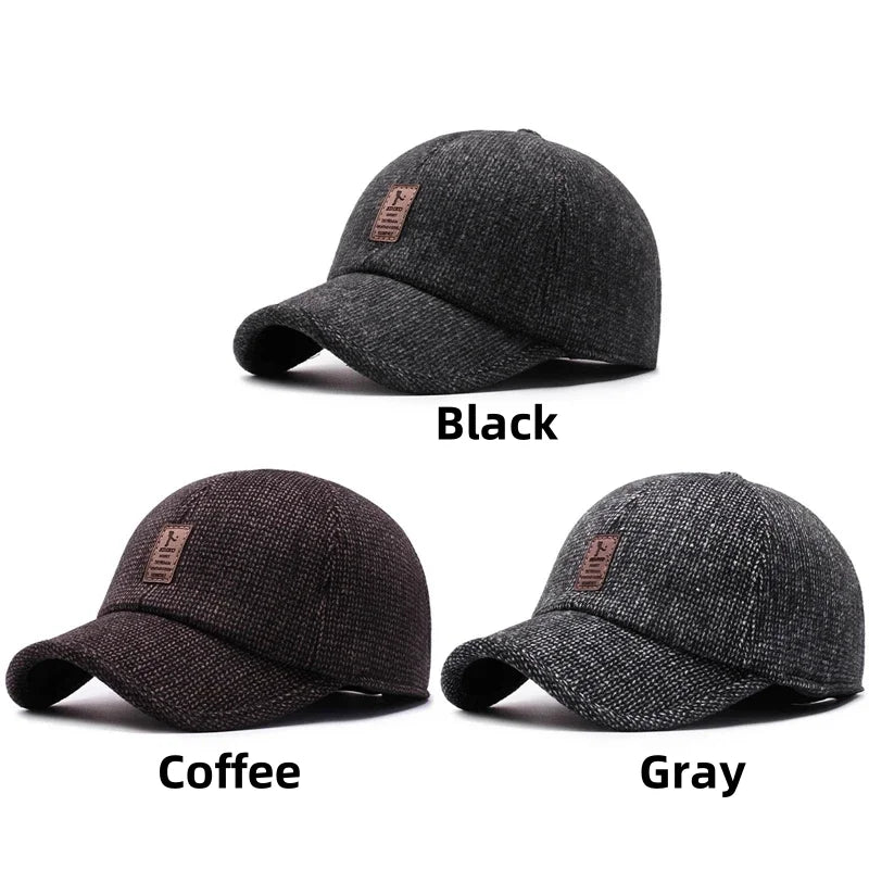 Autumn Winter Warm Men Woolen Baseball Cap Outdoor Ear Cover Earflaps Adjustable Hat Middle-aged Dad Hat With Earmuffs Design