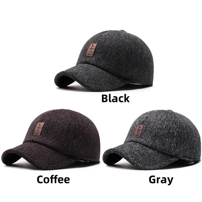 Autumn Winter Warm Men Woolen Baseball Cap Outdoor Ear Cover Earflaps Adjustable Hat Middle-aged Dad Hat With Earmuffs Design