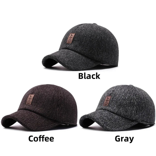 Autumn Winter Warm Men Woolen Baseball Cap Outdoor Ear Cover Earflaps Adjustable Hat Middle-aged Dad Hat With Earmuffs Design