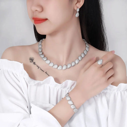 Conjunto de joias de casamento com 4 peças de zircônia cúbica, brincos, colar, pulseira e anel para festas femininas