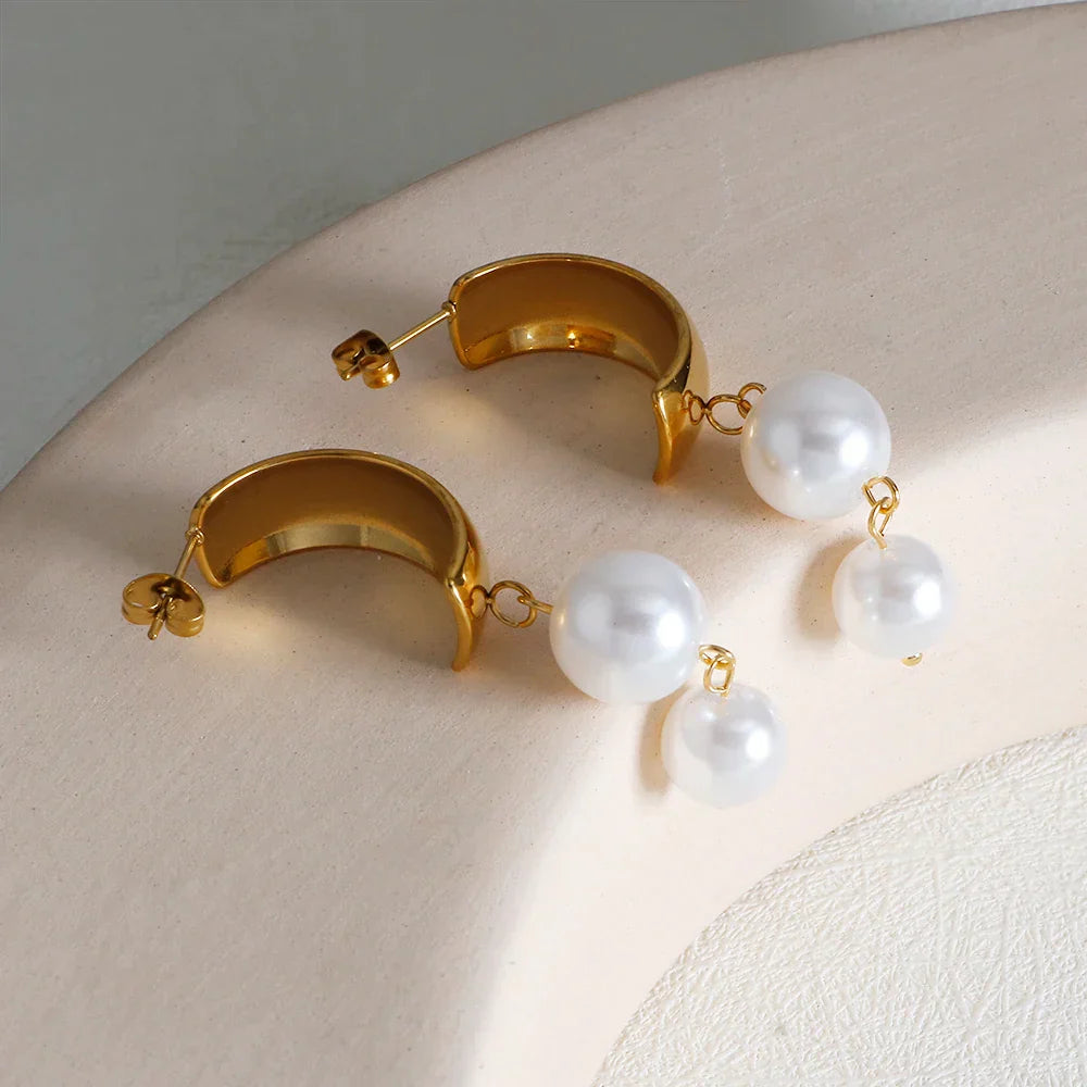 Stainless Steel Tassel Earrings 2 Pearls Dangle Earrings Jewelry