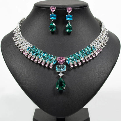 Luxury Multi-colour Jewellery Teardrop Zirconia Women's Summer Necklace Earrings Accessory Set Party Prom Dinner Festivals M-355