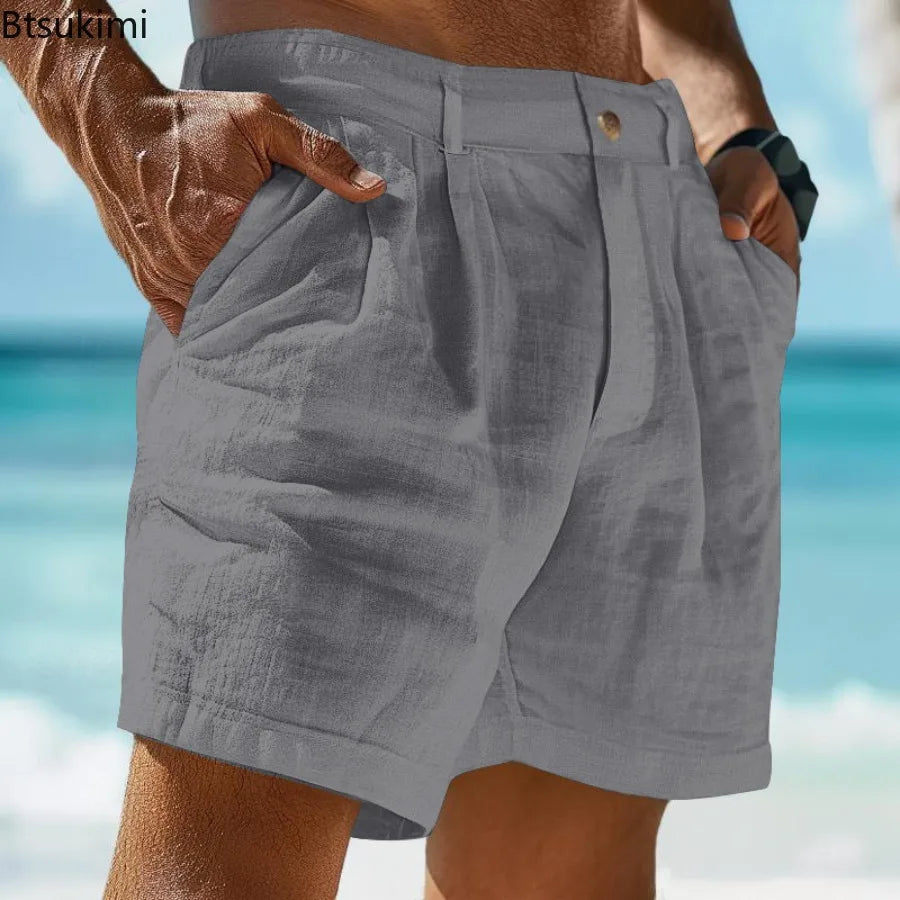 2026 Summer Cotton Linen Shorts for Men Solid Casual Button Pocket Beach Shorts Men's Comfortable Simple Vacation Leiture Pants