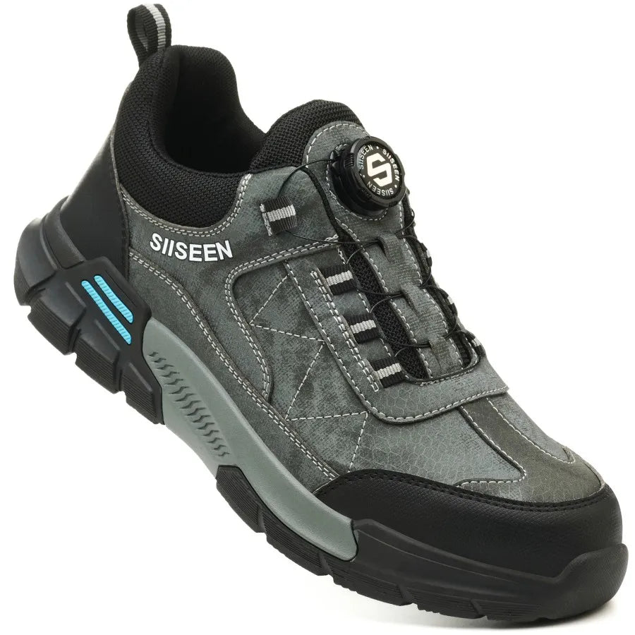 Men's Steel-Toed Safety Shoes With Anti-Crush, Anti-Puncture And Anti-Slip Soles, Fashionable Button Industrial Work Shoes