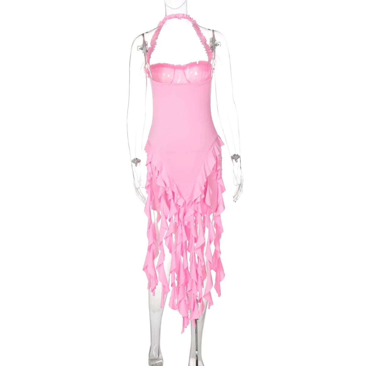 Elegant Halter Solid Ruffles Backless Taseel Sexy Slim Mini Dress Spring Women Cute Outfits Birthday Party Vacation