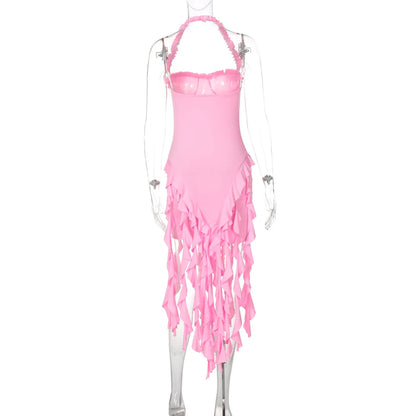 Elegant Halter Solid Ruffles Backless Taseel Sexy Slim Mini Dress Spring Women Cute Outfits Birthday Party Vacation