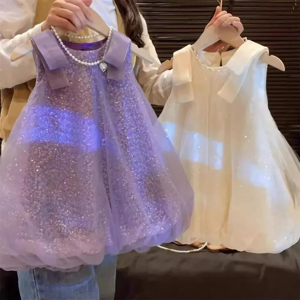 Plain Girls Clothes Summer Sleeveless Mesh Sparkling Princess Dresses Korean Version Birthday Wear Party Wedding