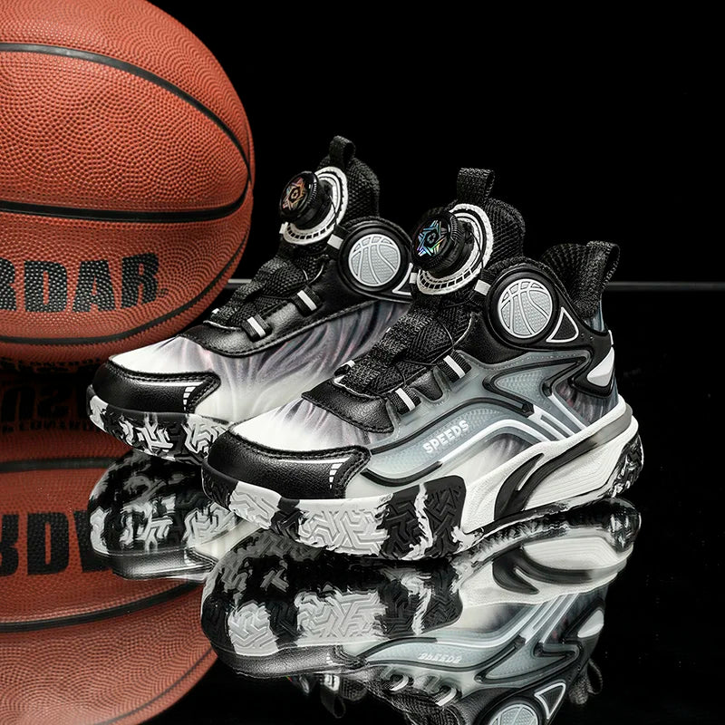 Children's basketball shoes boys' waterproof leather surface rotating buckle anti-slip and shock-absorbing student sports shoes