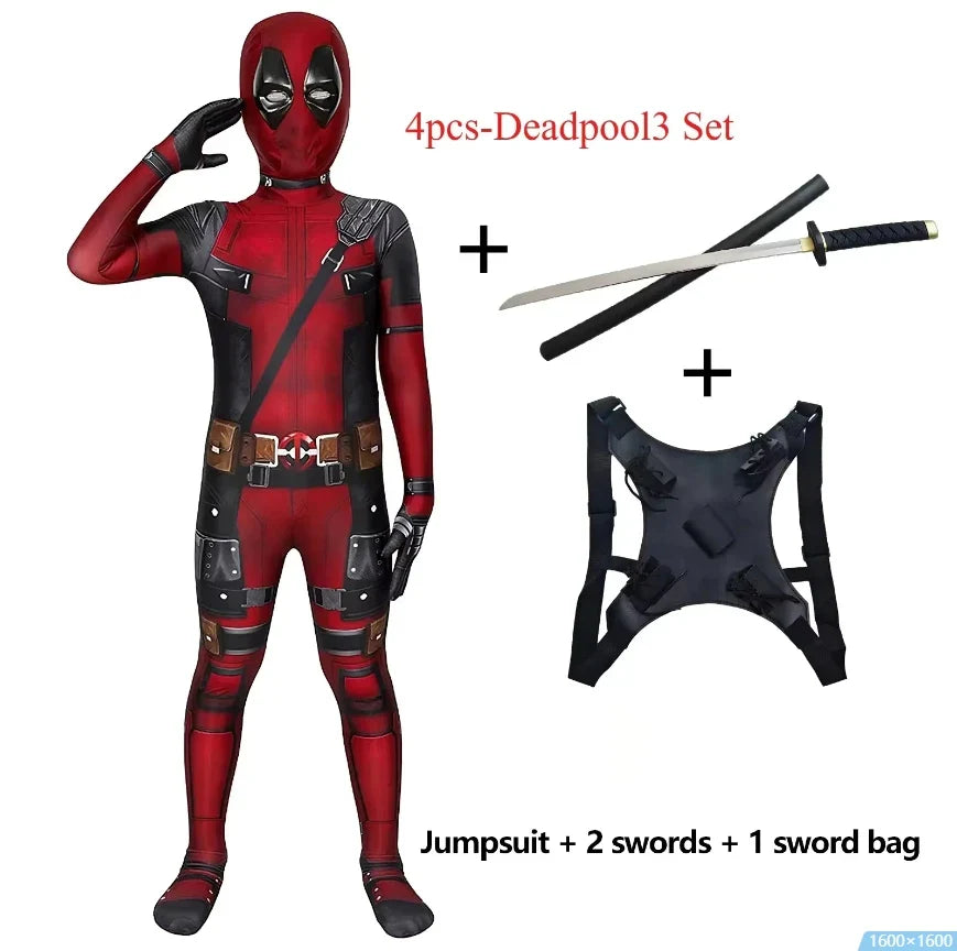 PU SwordHigh Quality Deadpool Child Costume Kid Halloween Cosplay Costume Deadpool Kids Suit Jumpsuit deadpool Child Costume