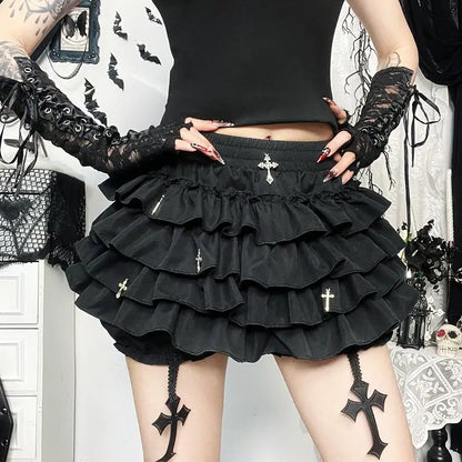2026 Summer New Arrival Hot Girl Trendy Versatile Mini Skirt Dark Cross DesignTiered Cake Black Fluffy Skirts