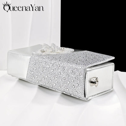 Elegant Silver Pointed-Toe High Heels Shoes with Diamond Accents & Matching Bag - Ideal for Party Elegance