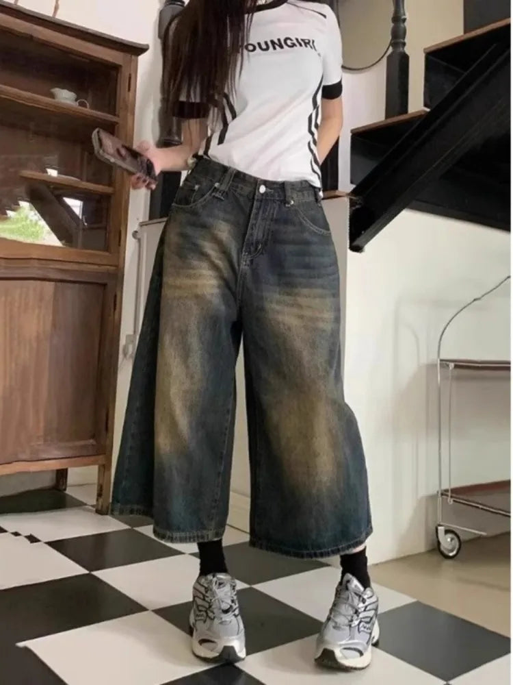 Women Black Y2k Style Baggy Denim Shorts Wide Leg Capri Pants