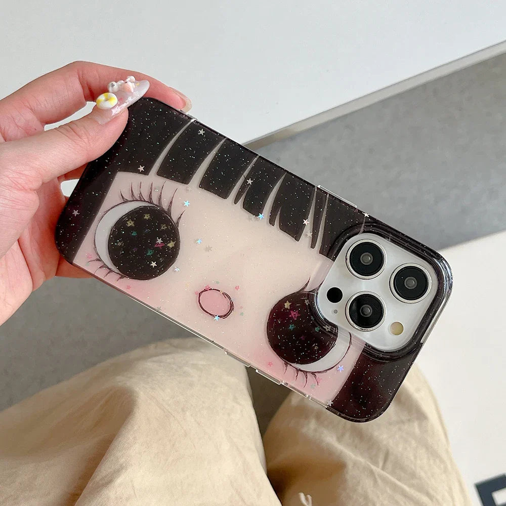 Cartoon Anime Shinning Eyes Cute Phone Case for IPhone 17 16 15 14 13 Pro Max Girl Glittering Big Eyes Back Phone Cover Capa
