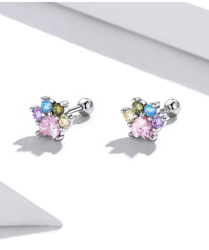 925 Sterling Silver Animals Cute Paws Rainbow Stud Earrings For Women Heart Oval Flower Zircon Crab Ear Studs Jewelry Gift
