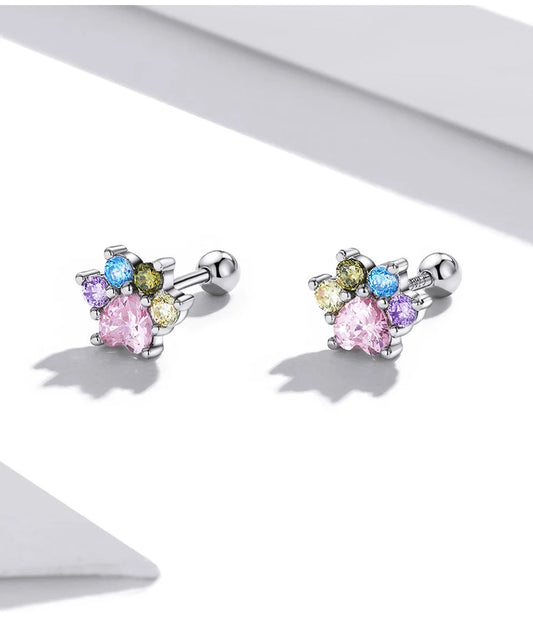 925 Sterling Silver Animals Cute Paws Rainbow Stud Earrings For Women Heart Oval Flower Zircon Crab Ear Studs Jewelry Gift
