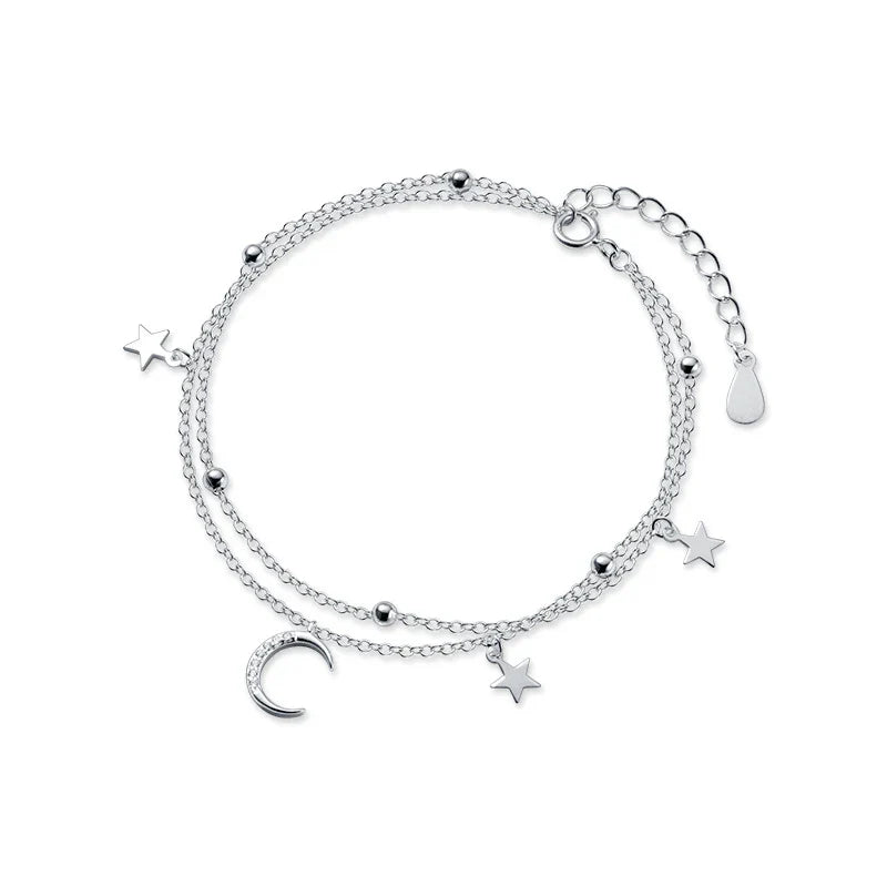 Silver Luxury Double Layer Stars Moon Sparkling Bracelet 925 Sterling Silver Chain Adjustable Bracelets For Women Jewelry