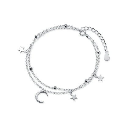 Silver Luxury Double Layer Stars Moon Sparkling Bracelet 925 Sterling Silver Chain Adjustable Bracelets For Women Jewelry