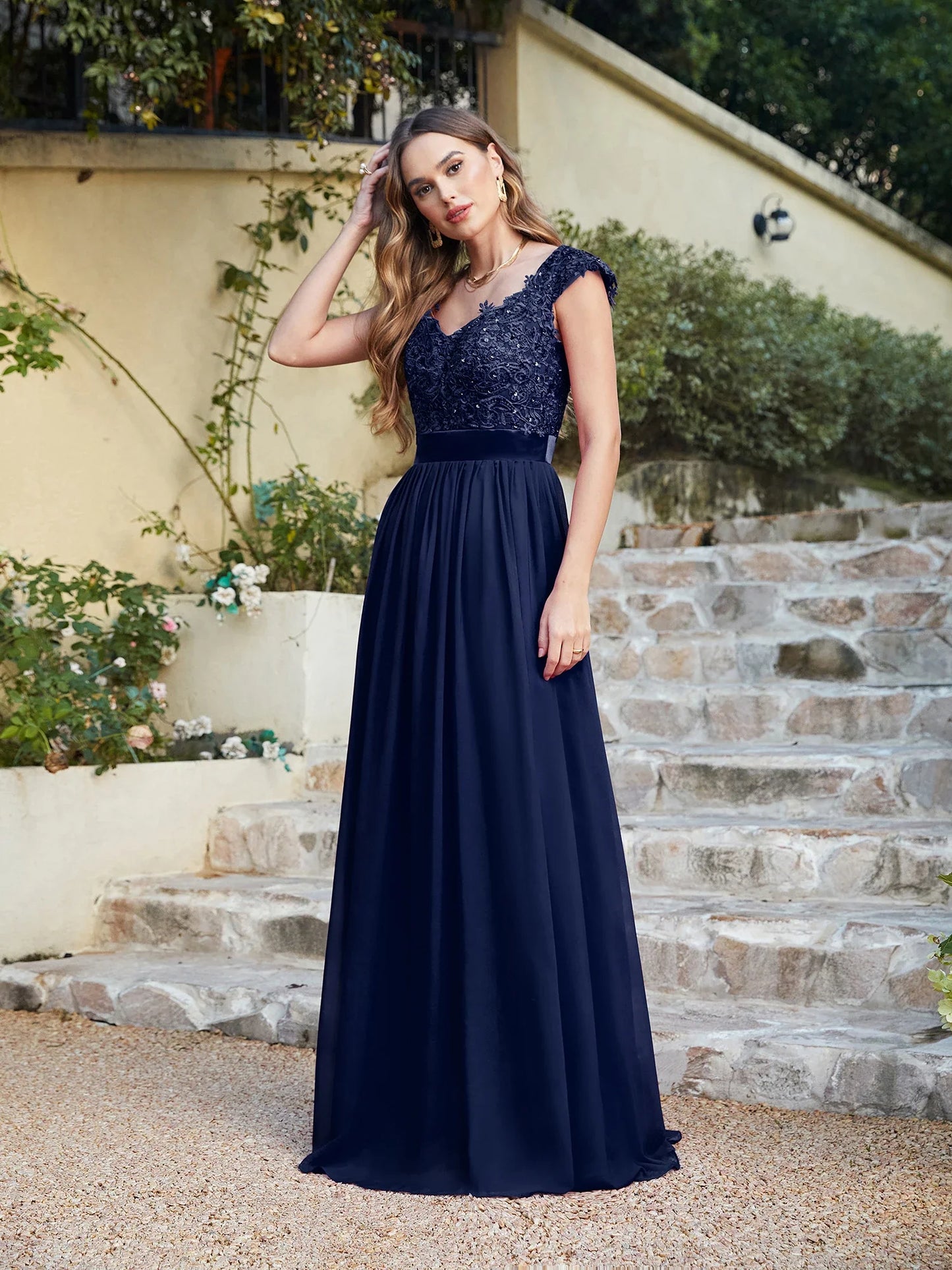 A-line V Neck Sleeveless Floral Lace Chiffon Back Hollow Long Paty Bridesmaid Dress Women 2024 For Wedding Sexy Evening Dress