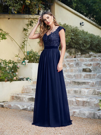 A-line V Neck Sleeveless Floral Lace Chiffon Back Hollow Long Paty Bridesmaid Dress Women 2024 For Wedding Sexy Evening Dress