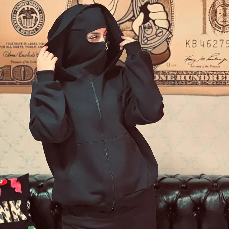 Sweatshirt with Hooded Face Mask Zipper DesignMen's Balaclava Zip Hoodie Winter Warm Casual Sports Jacket Outdoor Activities