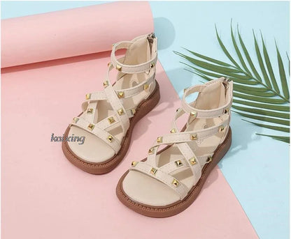 Summer New Kids Sandals Girls Princess Rivet Sandals Soft Children Beach Shoes Fashion Roman Sandals Size 21-36 Versatile