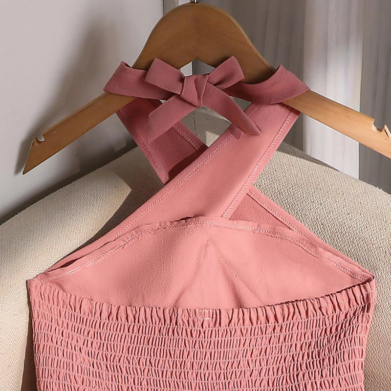 Girls 8-12 Pink Tiered Dress, Front Halter Neck Design & Tiered Ruffle Skirt, Casual Kids Wear