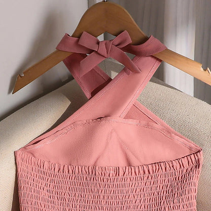 Girls 8-12 Pink Tiered Dress, Front Halter Neck Design & Tiered Ruffle Skirt, Casual Kids Wear