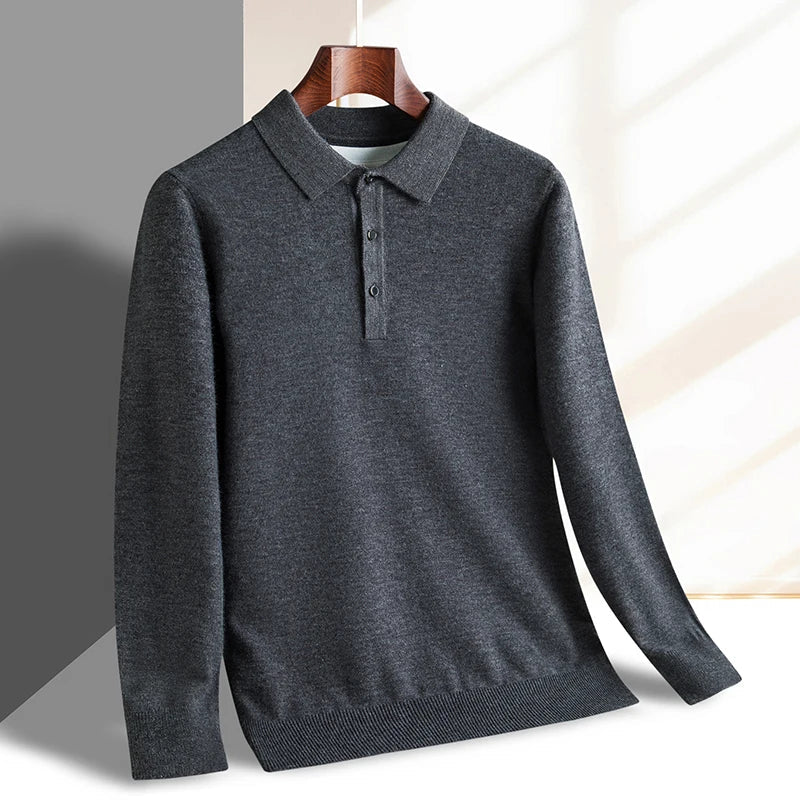 Fashion luxury knitted long sleeve polo shirt men's autumn new trend simple solid color soft skin friendly comfort lapel sweater
