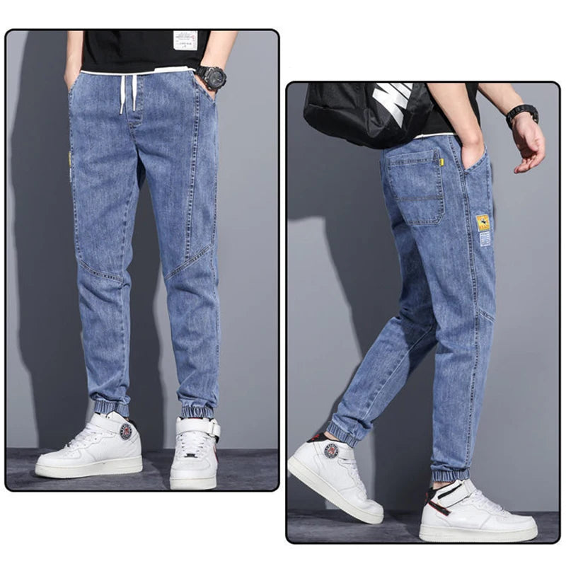 Men Jeans Elastic Tie Up Harem Denim Pants Male Bound Feet Designer Cargo Joggers Denim Trousers Daily Narrow Leg Casual Jeans