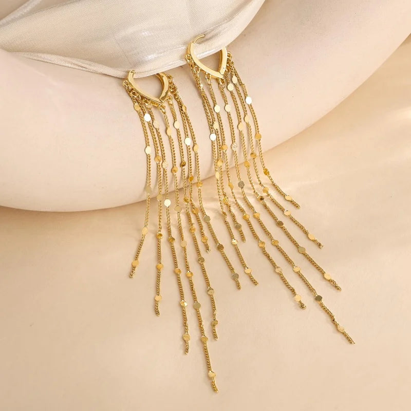 Gold Silver Color Long Tassel Heart-shaped Sequin Pendant Earrings for Women Fashion Boho Party Daily Wear Jewelry Accessories