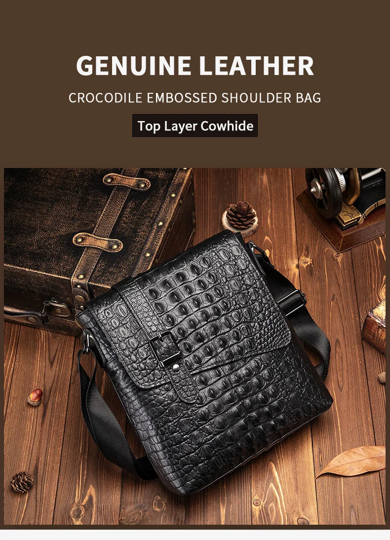Genuine Leather Men's Crocodile Pattern Shoulder Bag Fashion Men Messenger Chest Bag Vintage Crossbody Travel Bag