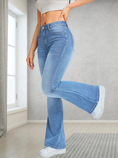 Ladies' high waisted elastic flared jeans