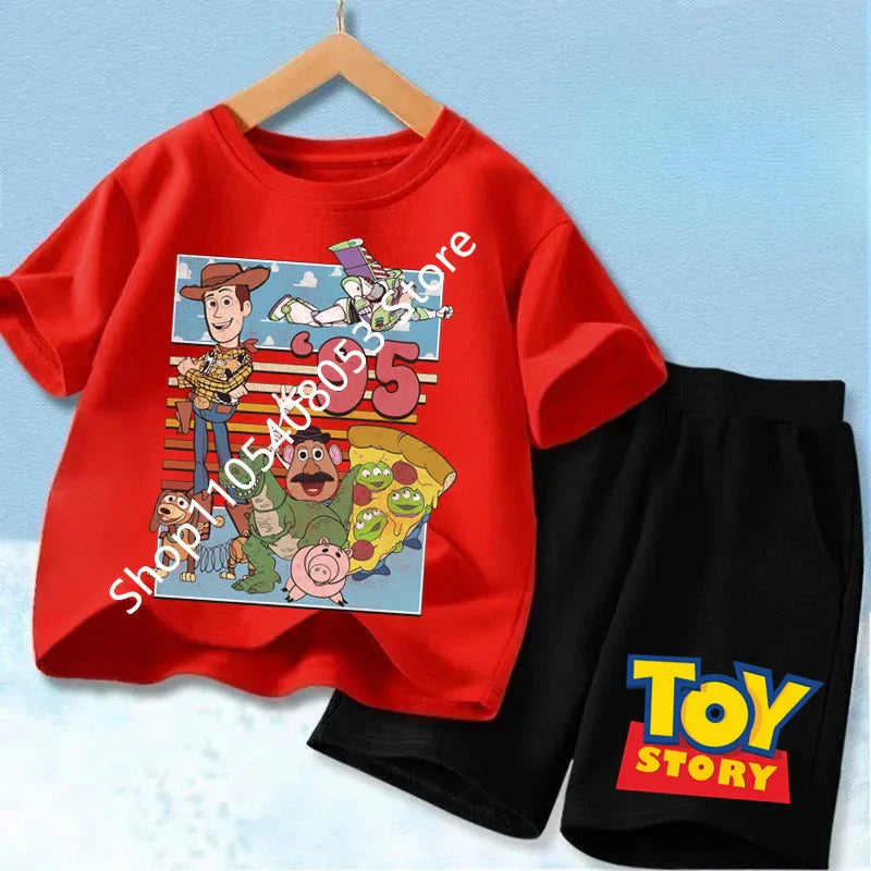 2026 Cute Toy Story Birthday Boy T-Shirt Set, Adorable Woody and Buzz Lightyear Design for Kids' Birthday Outfits