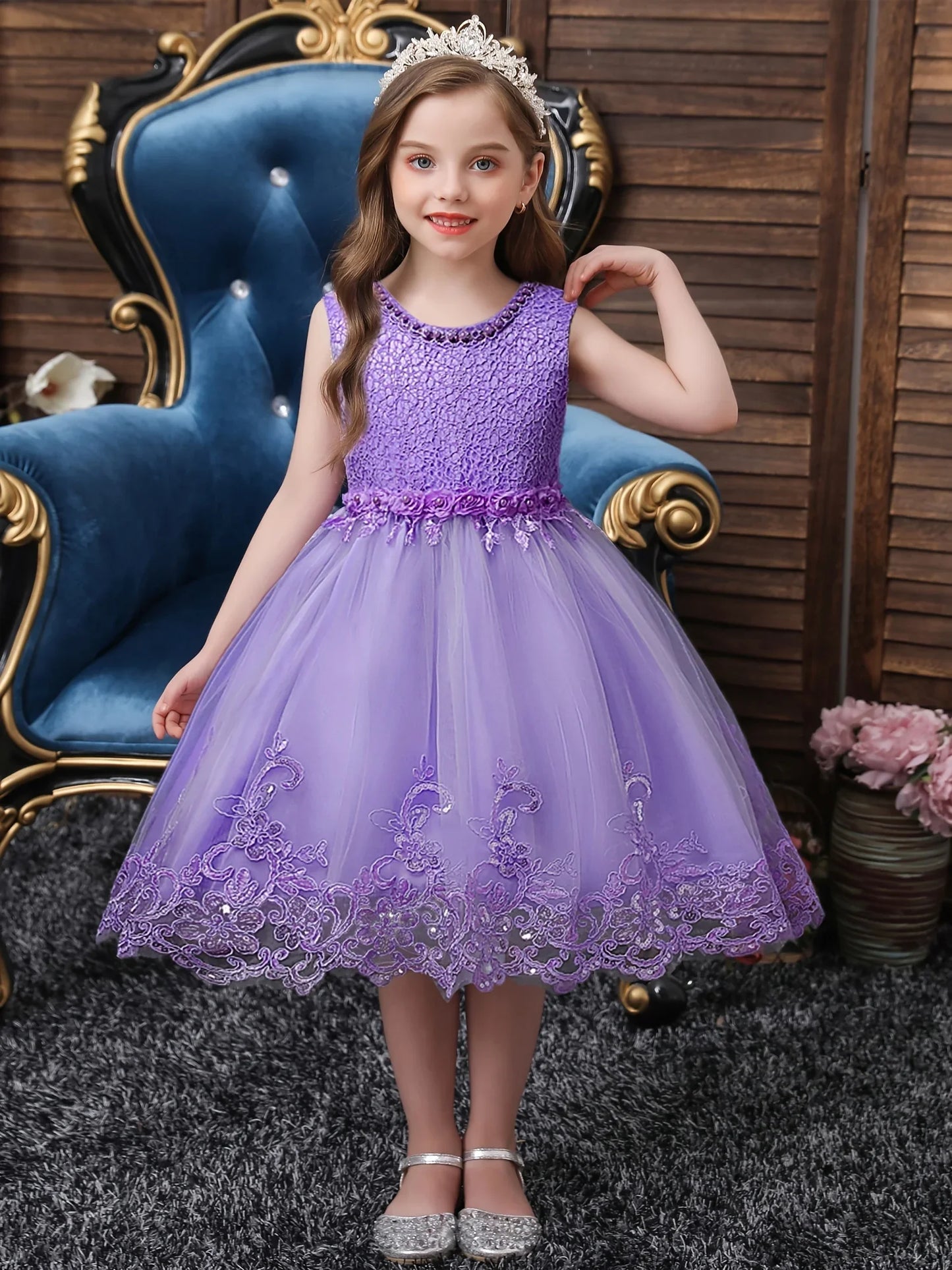 Girls Sleeveless Lace Floral Princess Dresses#981