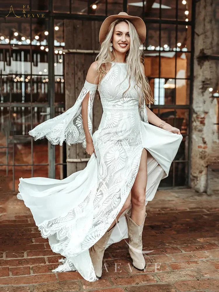 Customized Bohemian Chic Civil Bridal Dress Hippie Crochet Lace Wedding Dress With Slit Gatsby Elvish Bride Gown Robe