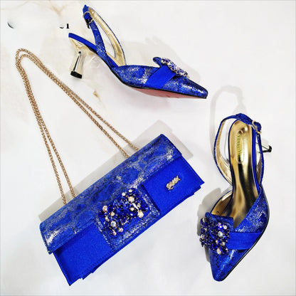 Design Italiano Borboleta Festa Casamento Sandália Bico Fino Slingback com Bolsa Conjunto Dourado