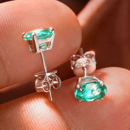 18k Plated 1CT 2CT Oval Cut Lab-grown Colombian Emerald Stud Earrings for Women Moissanite Earring S925 Sterling Silver