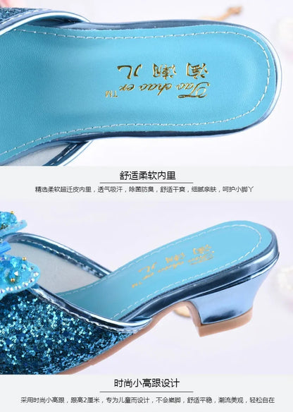 Girls Summer Sandals Slipper Sequined Princesse Children High Heel Party Dress Shoes Leather Slipper For Kids Slides