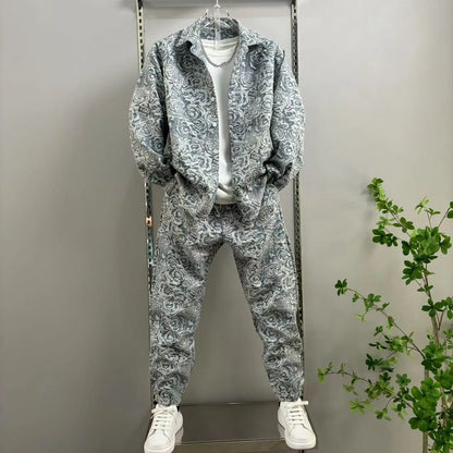 Men's Three-Dimensional Relief Small Fragrance Fashion Shirt Set Casual Versatile Sports Two-Piece Trendy Outfit