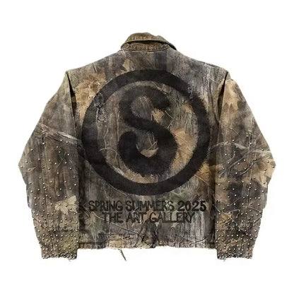 Retro Camouflage Leaf Jacket Y2K Coats Mens Womens Harajuku Hip Hop Letter Embroidery Patchwork Oversized Jacket Casual Clothes