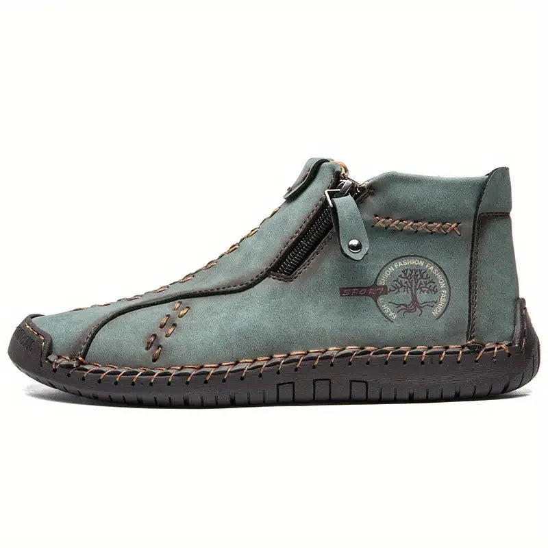 Sapatos Masculinos Clássicos de Couro Feitos à Mão, Design com Zíper, Tênis Esportivos para o Ar Livre, Sapatos Casuais Respiráveis com Elástico, Botas Masculinas de Couro no Tornozelo