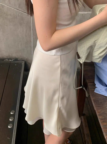 Elegant Satin Women Skirts Solid Zipper Faldas Mujer Ladies Double-layer Casual Chic Black White Dot Mini Skirt Korean Summer